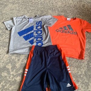 Adidas bundle- 2 shirts/1 pair of shorts size 6 orange/blue